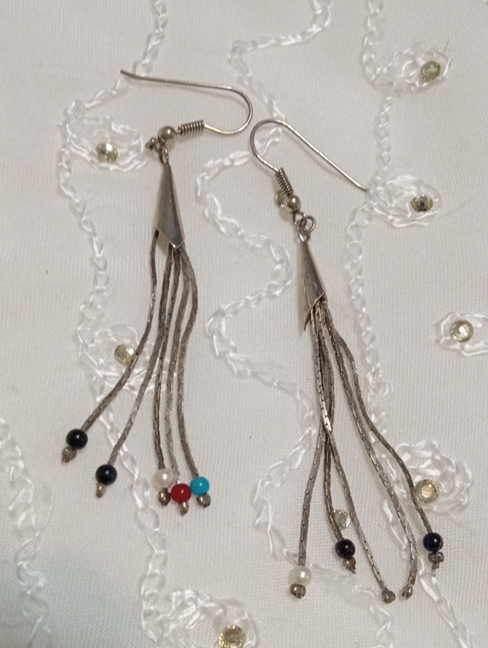 Sterling-Style Silver Tassel Drop Earrings with Multicolor Beads